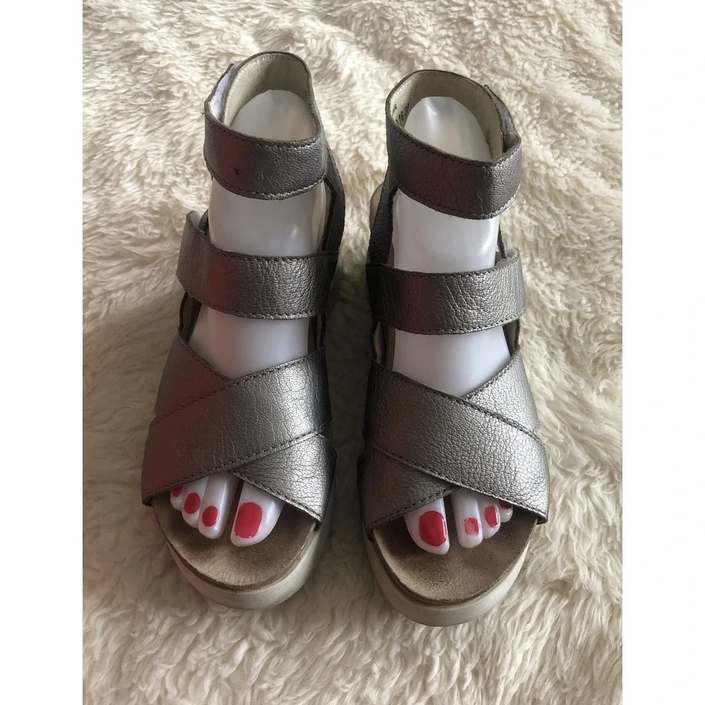 Fly London Wedge Sandals Silver Leather Ankle Strap Wege669fly  US 7-7.5 EUR 38